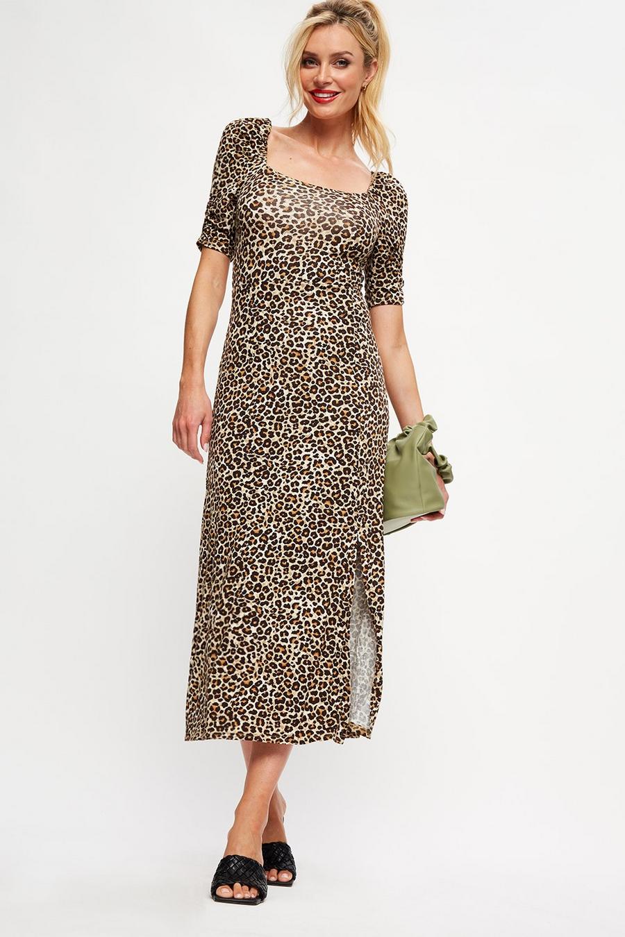 Leopard Square Neck Split Midi Dress