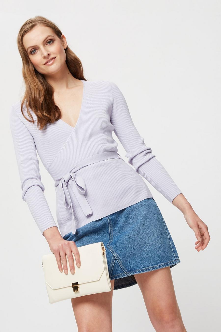 Lilac Ribbed Wrap Tie Jumper