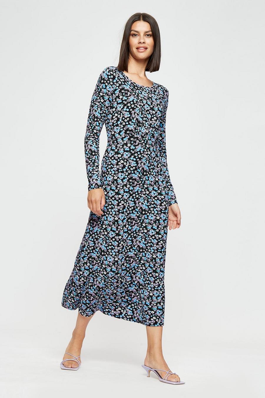 Blue Floral Long Sleeve Empire Midi Dress
