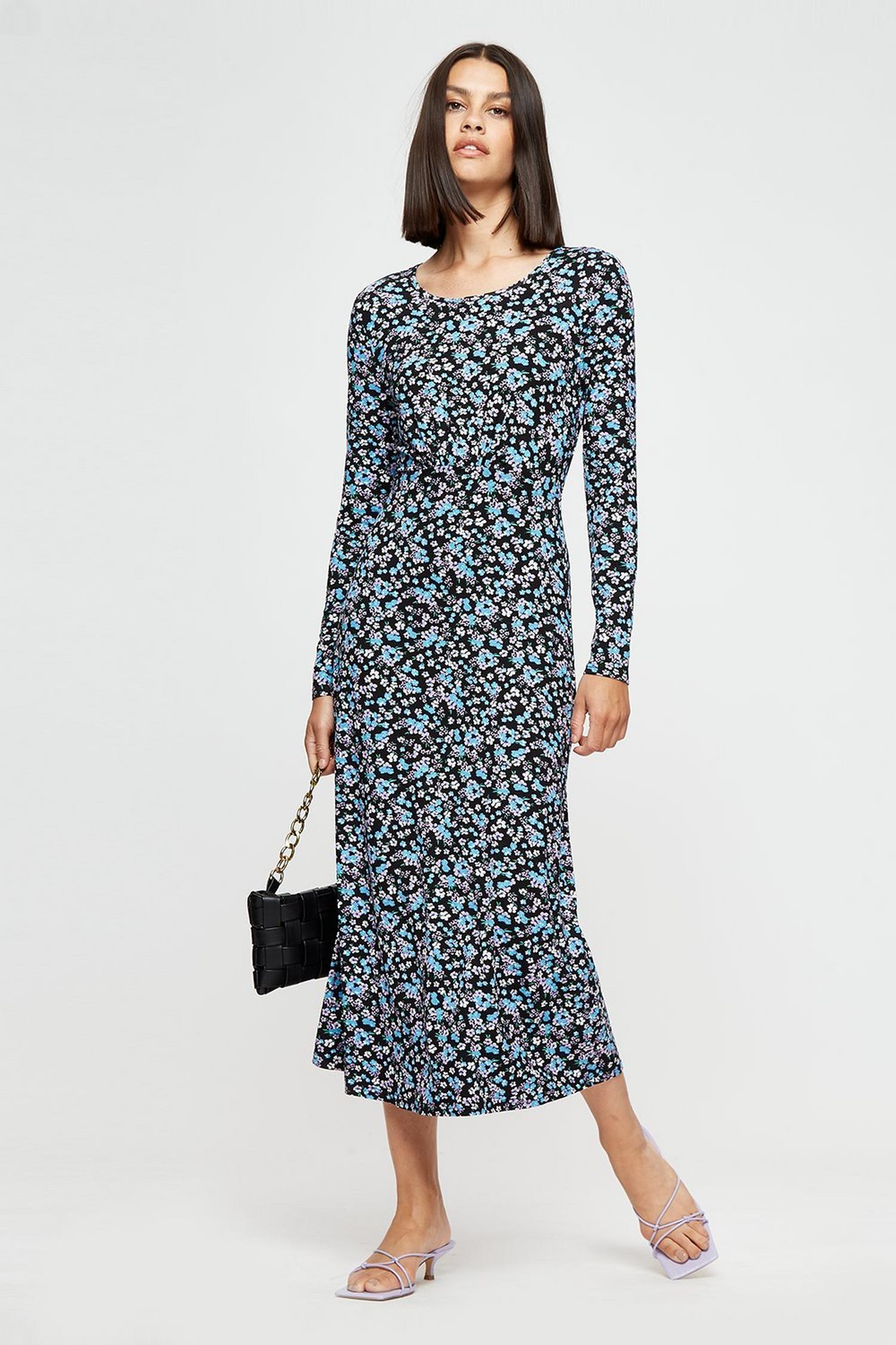 Blue Floral Long Sleeve Empire Midi Dress | Dorothy Perkins UK
