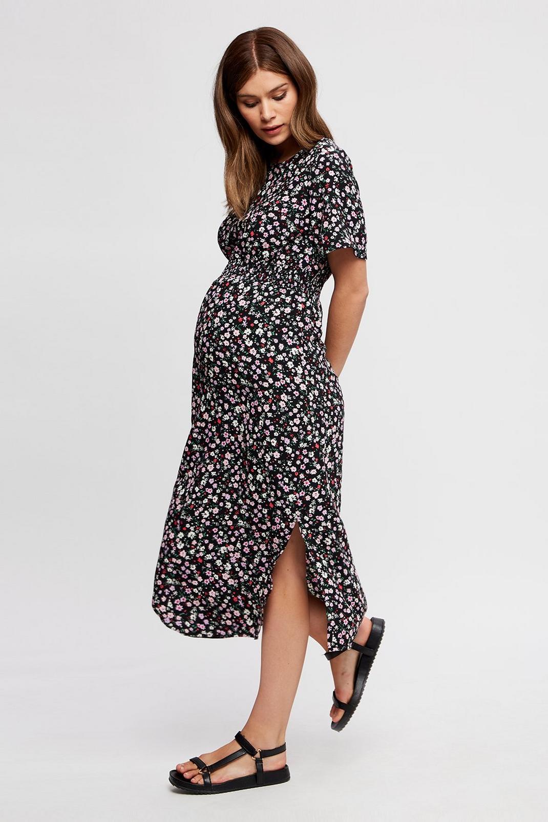 144 Maternity Multi Floral Shirred Midi Dress image number 1