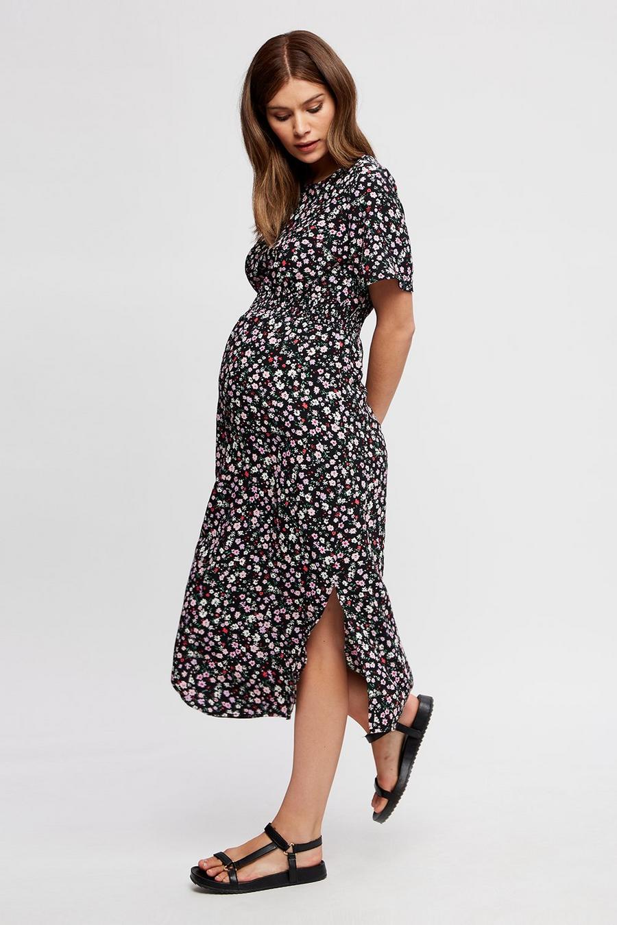 Maternity Multi Floral Shirred Midi Dress