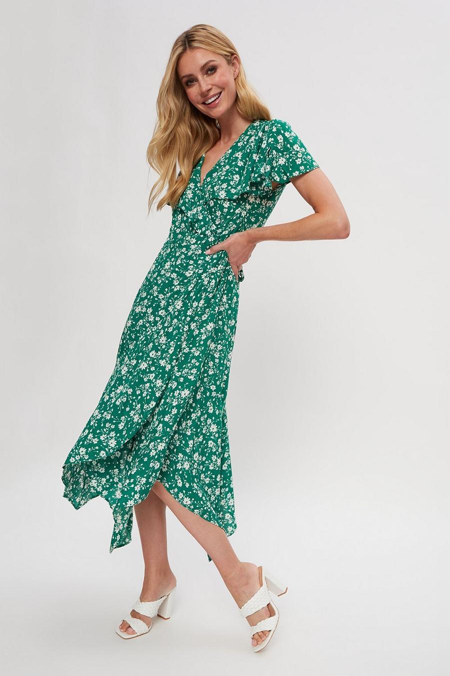 Green Ditsy Wrap Midi Dress 