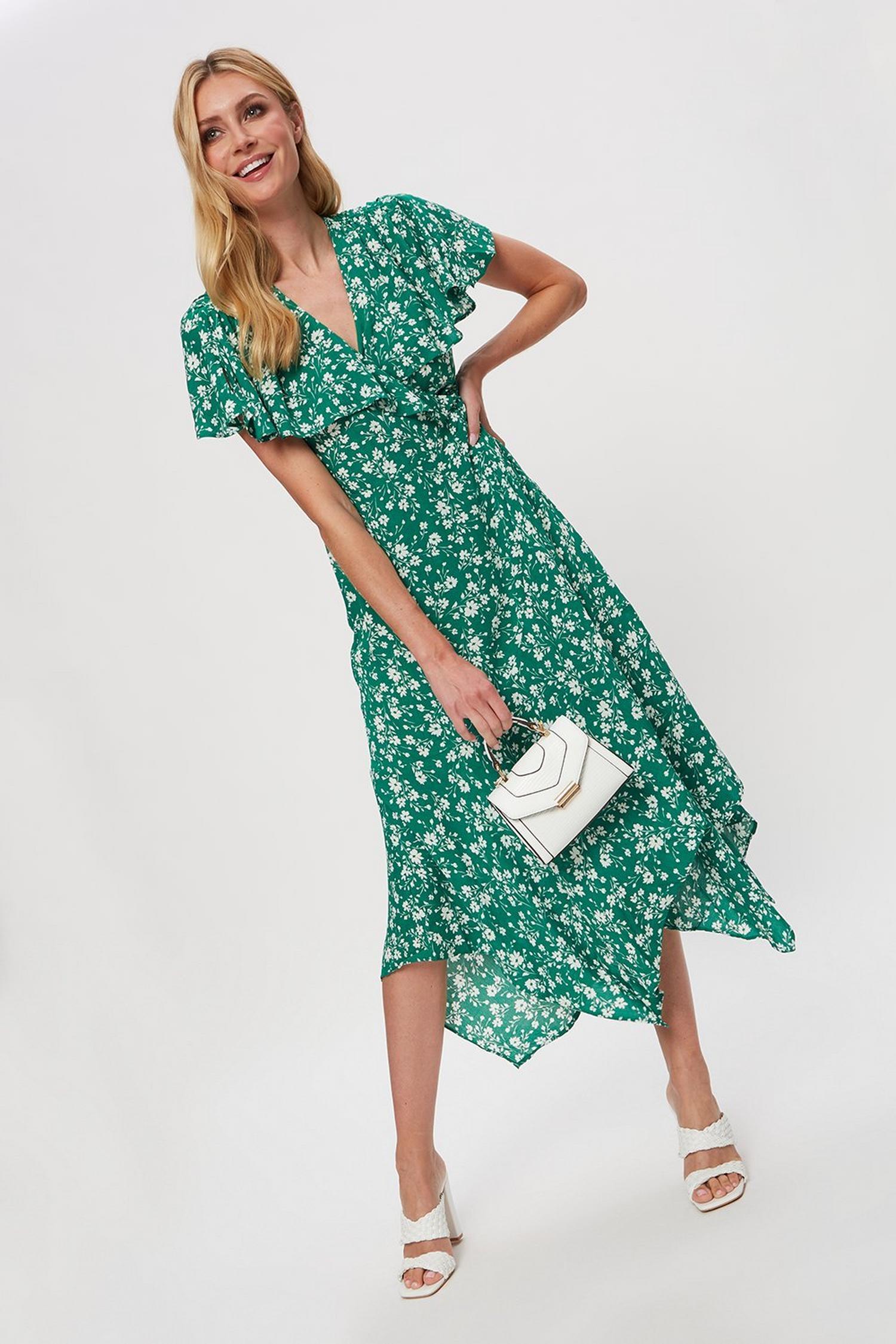 Green Ditsy Wrap Midi Dress Dorothy Perkins UK