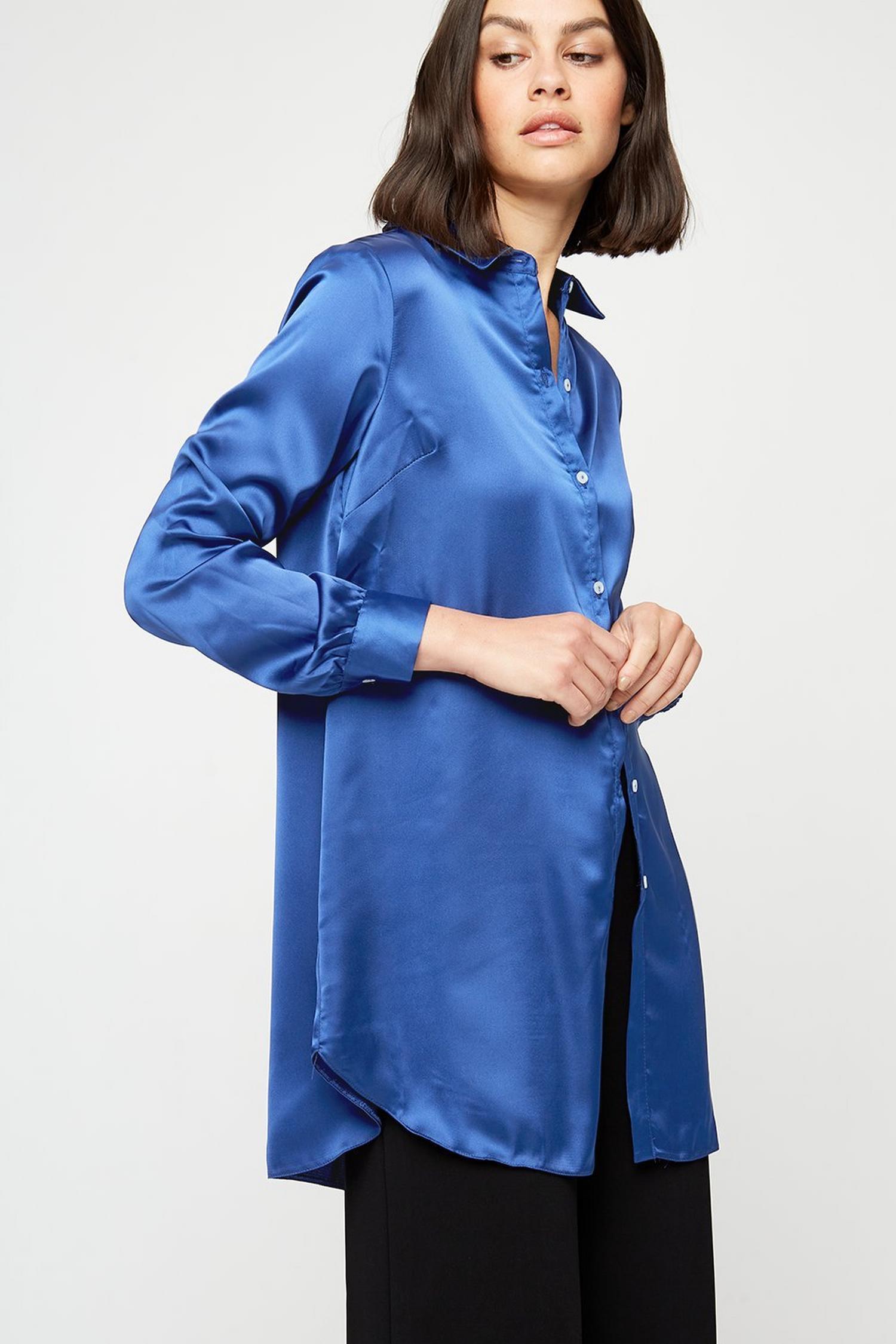 Satin Blue Long Line Shirt | Dorothy Perkins UK
