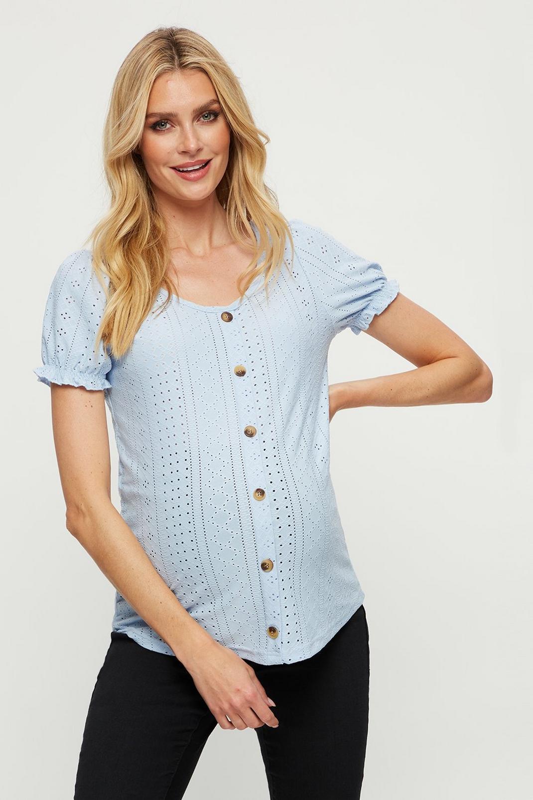 Maternity and Nursing Blue Broderie Button Top image number 1