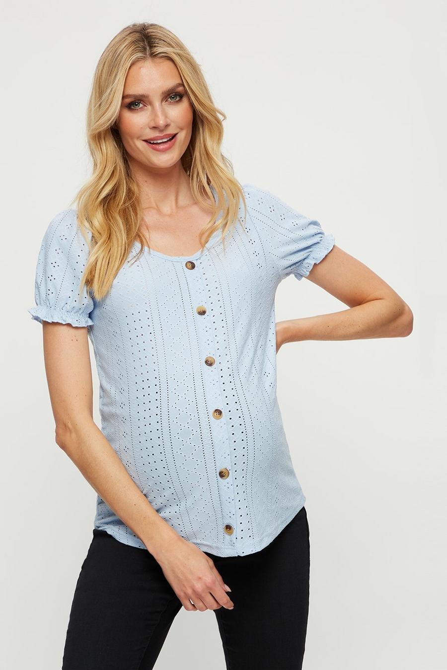 Maternity and Nursing Blue Broderie Button Top 