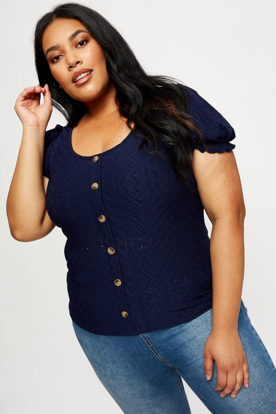 Curve Navy Broderie Button Puff Sleeve Top 