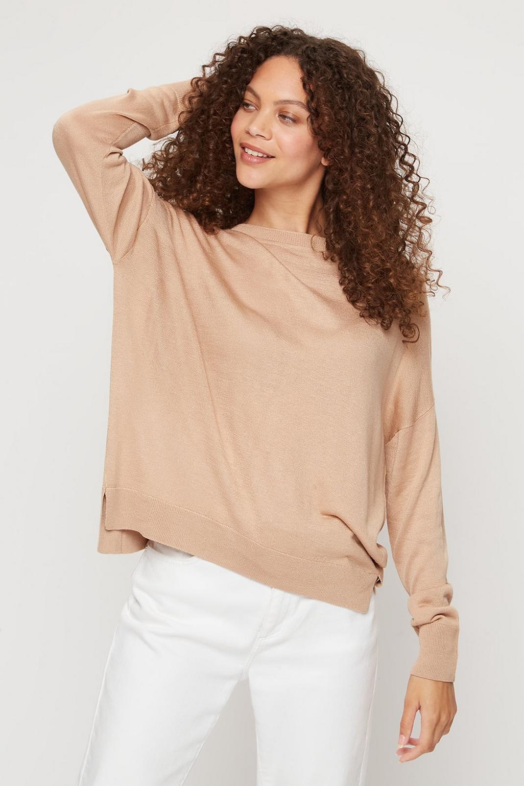 Camel Petite Batwing Knitted Crew Neck Jumper image number 1