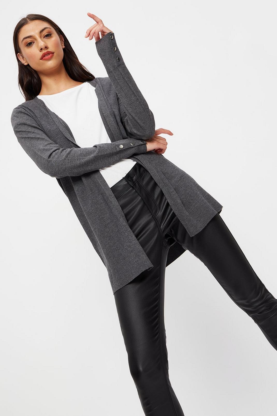 Charcoal Tall Longline Knit Button Cuff Cardigan image number 1