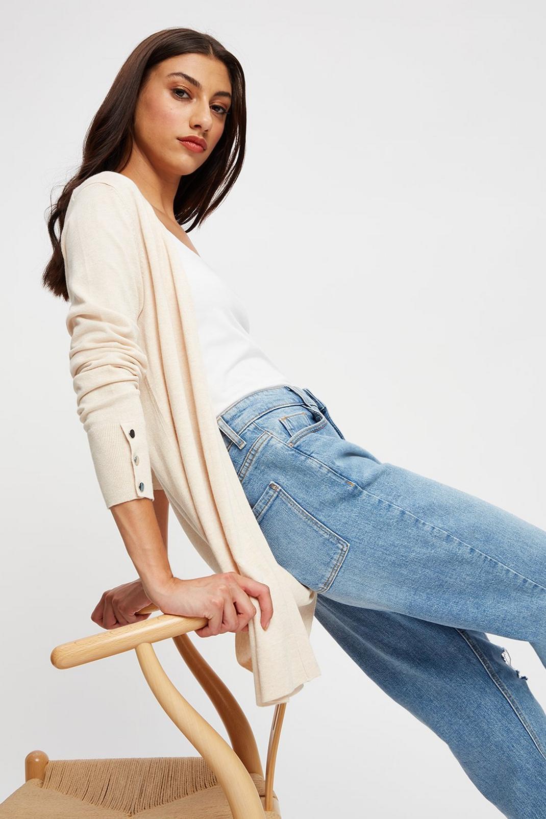 Oatmeal Tall Longline Knit Button Cuff Cardigan image number 1