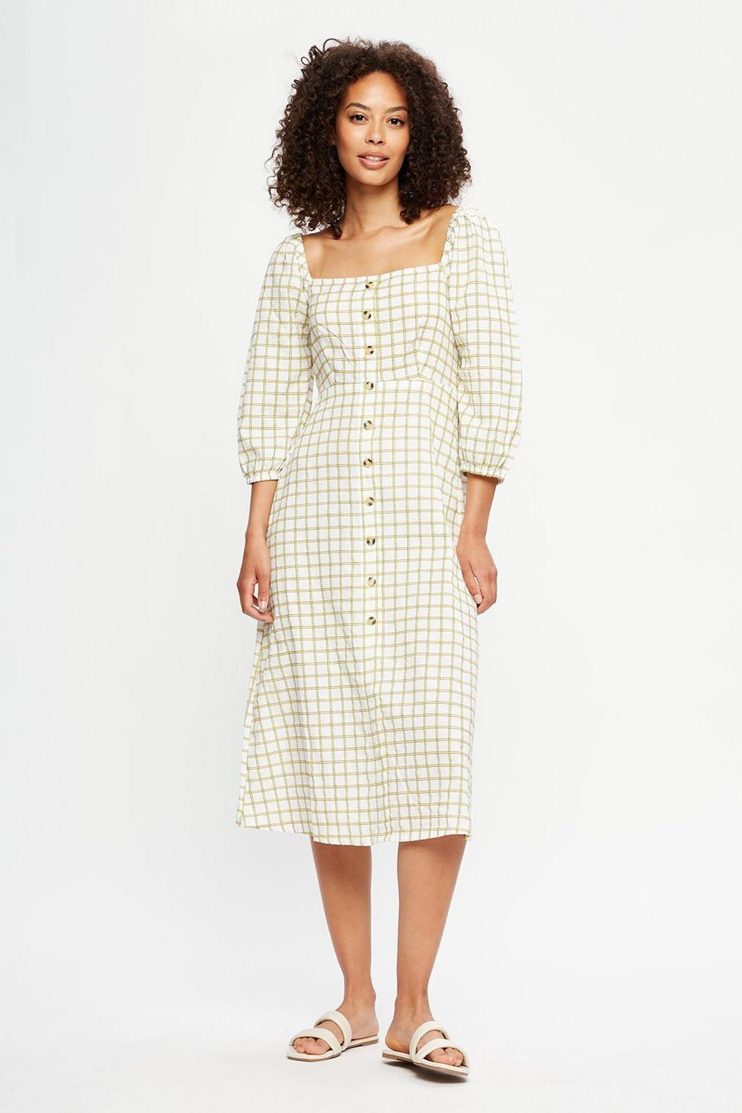 174 Yellow Check Button Midi Dress image number 1