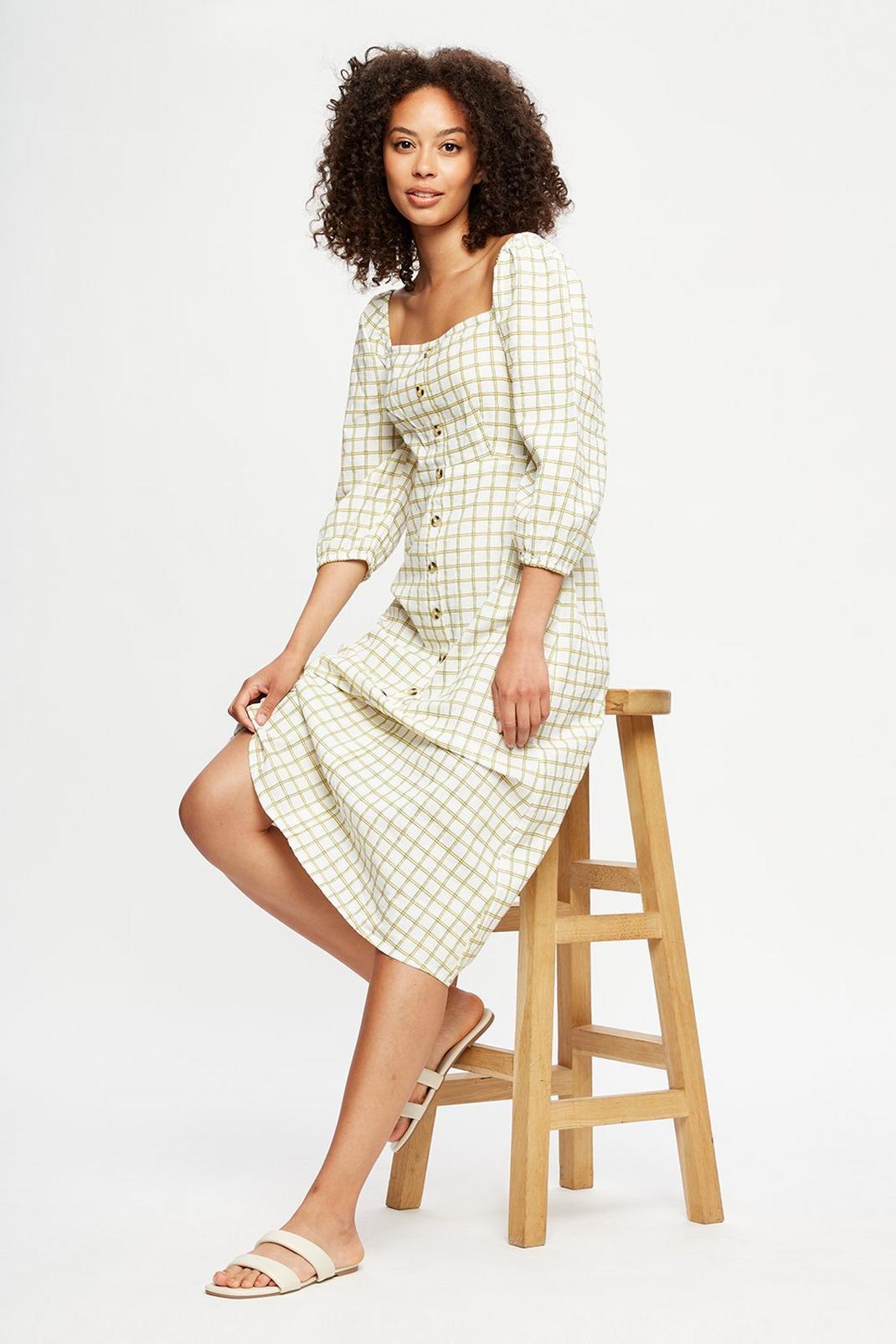 174 Yellow Check Button Midi Dress image number 2