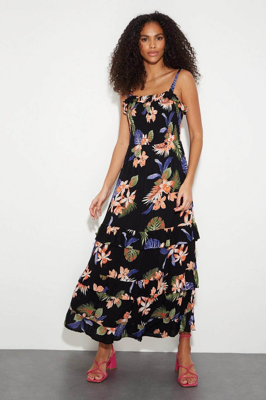 Black Tropical Print Shirred Midaxi Dress image number 1