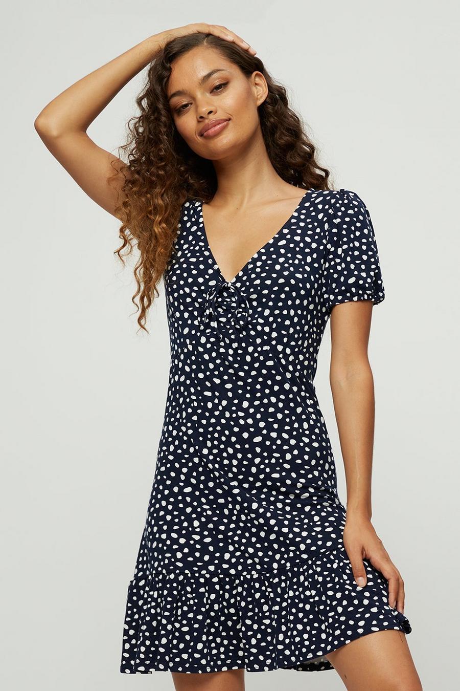 Petite Navy Spot Ruched Front Dress