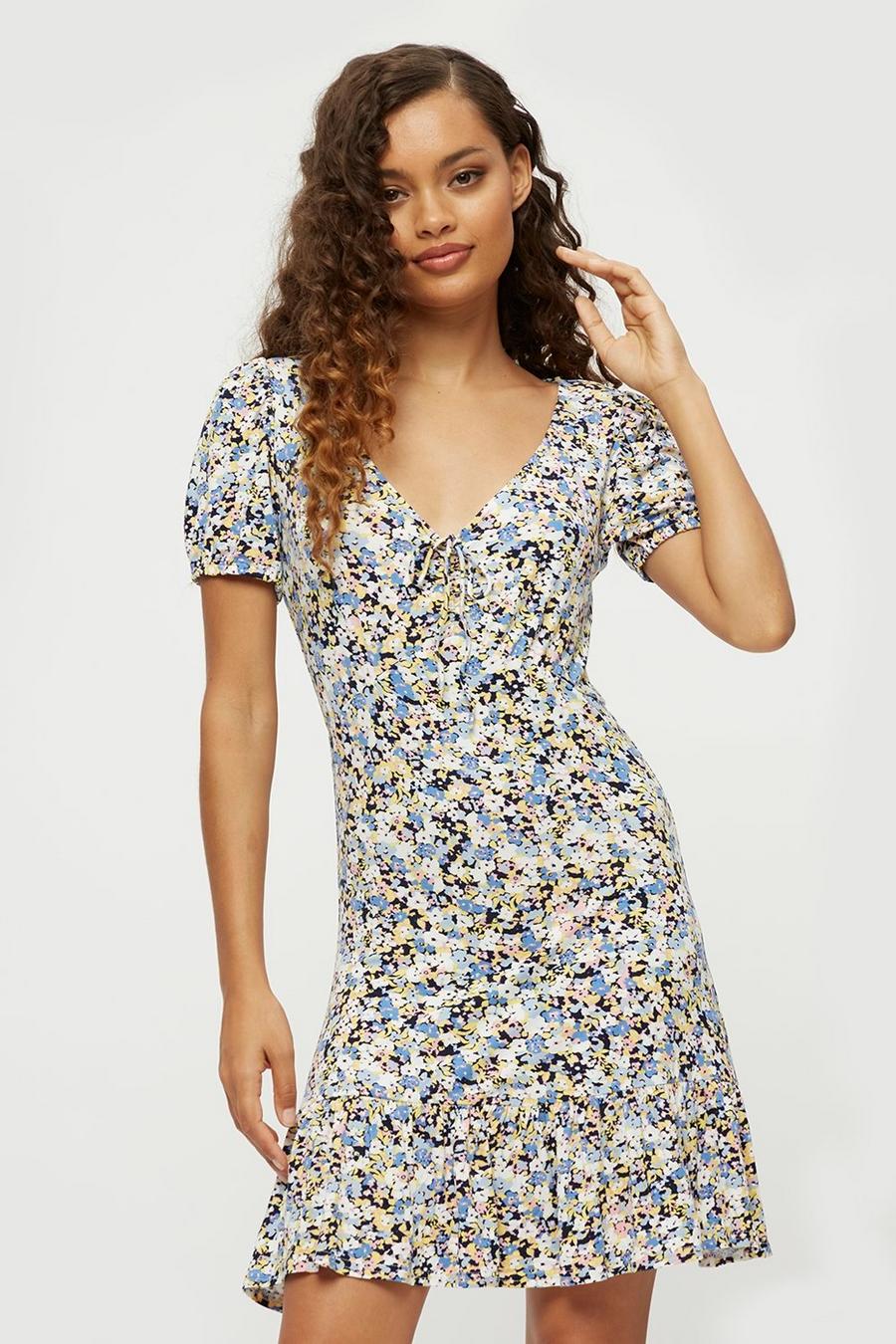 Petite Messy Blue Ditsy Ruched Front Dress