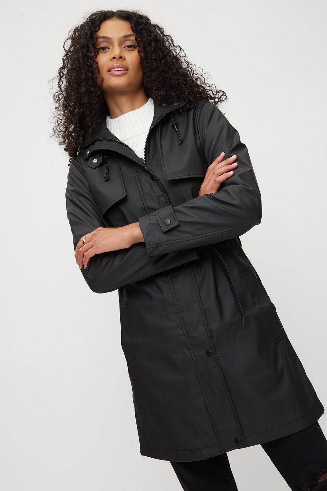 Black Belted Hooded Raincoat image number 1
