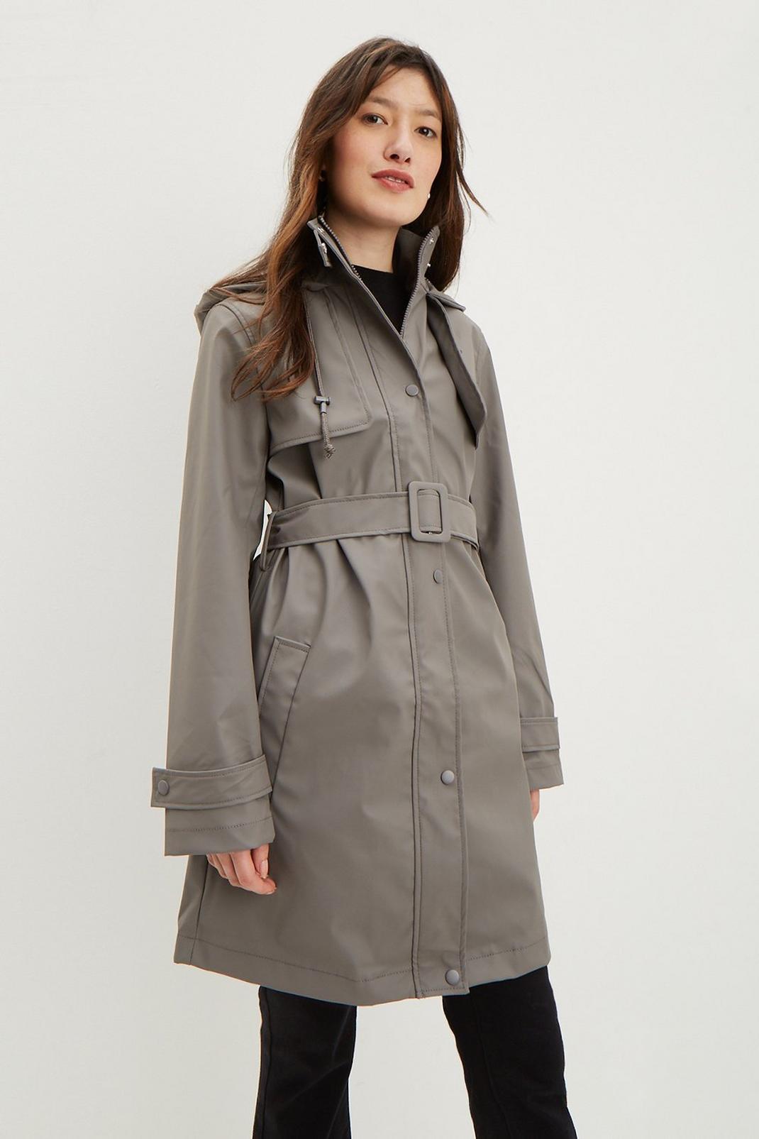 Charcoal Belted Hooded Raincoat image number 1
