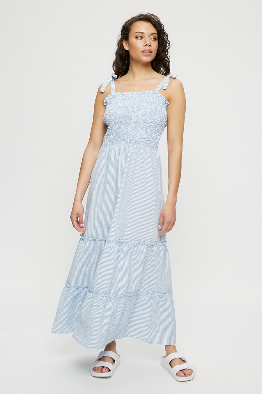 Blue Stripe Shirred Midaxi Dress