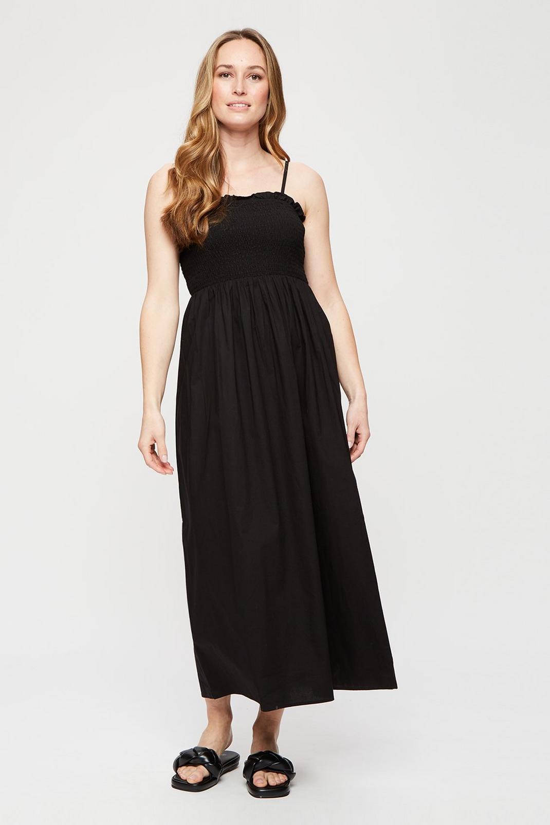Black Shirred Midi Dress image number 1