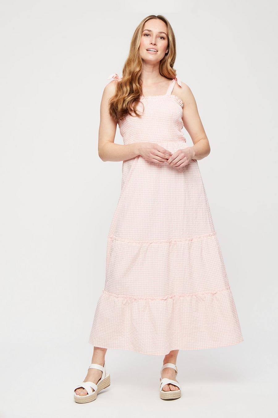 Pink Gingham Shirred Midaxi Dress
