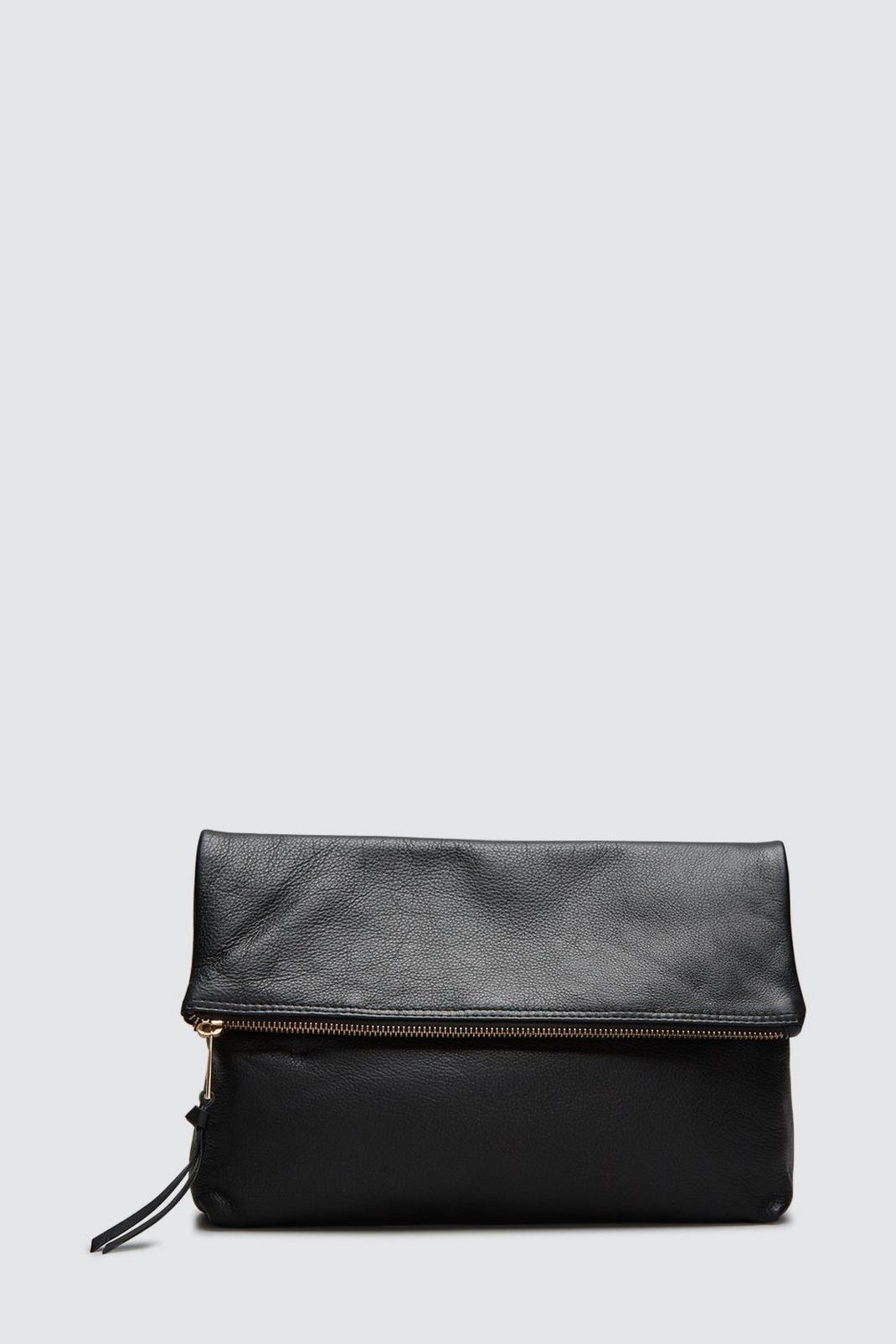 Black Real Leather Foldover Clutch image number 1
