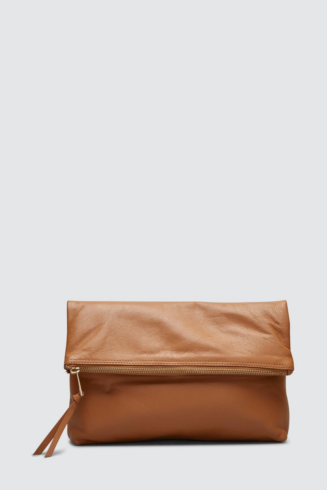Camel Real Leather Foldover Clutch image number 1