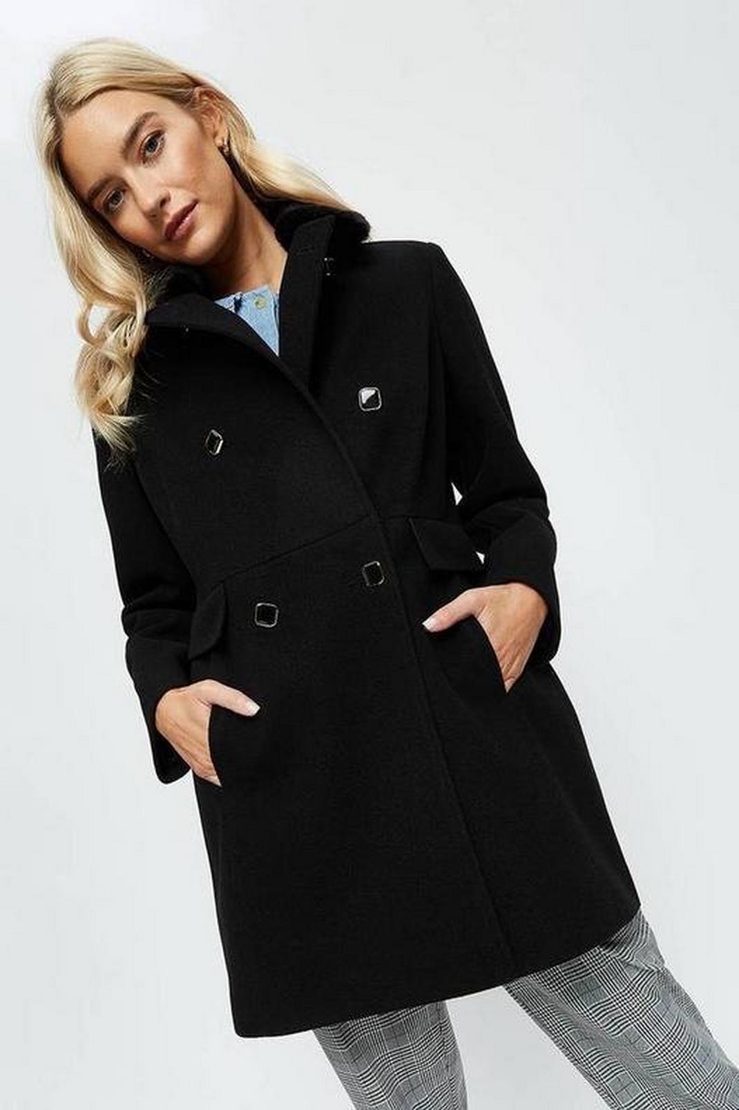 Black Petite Dolly Coat With Faux Fur Collar image number 1