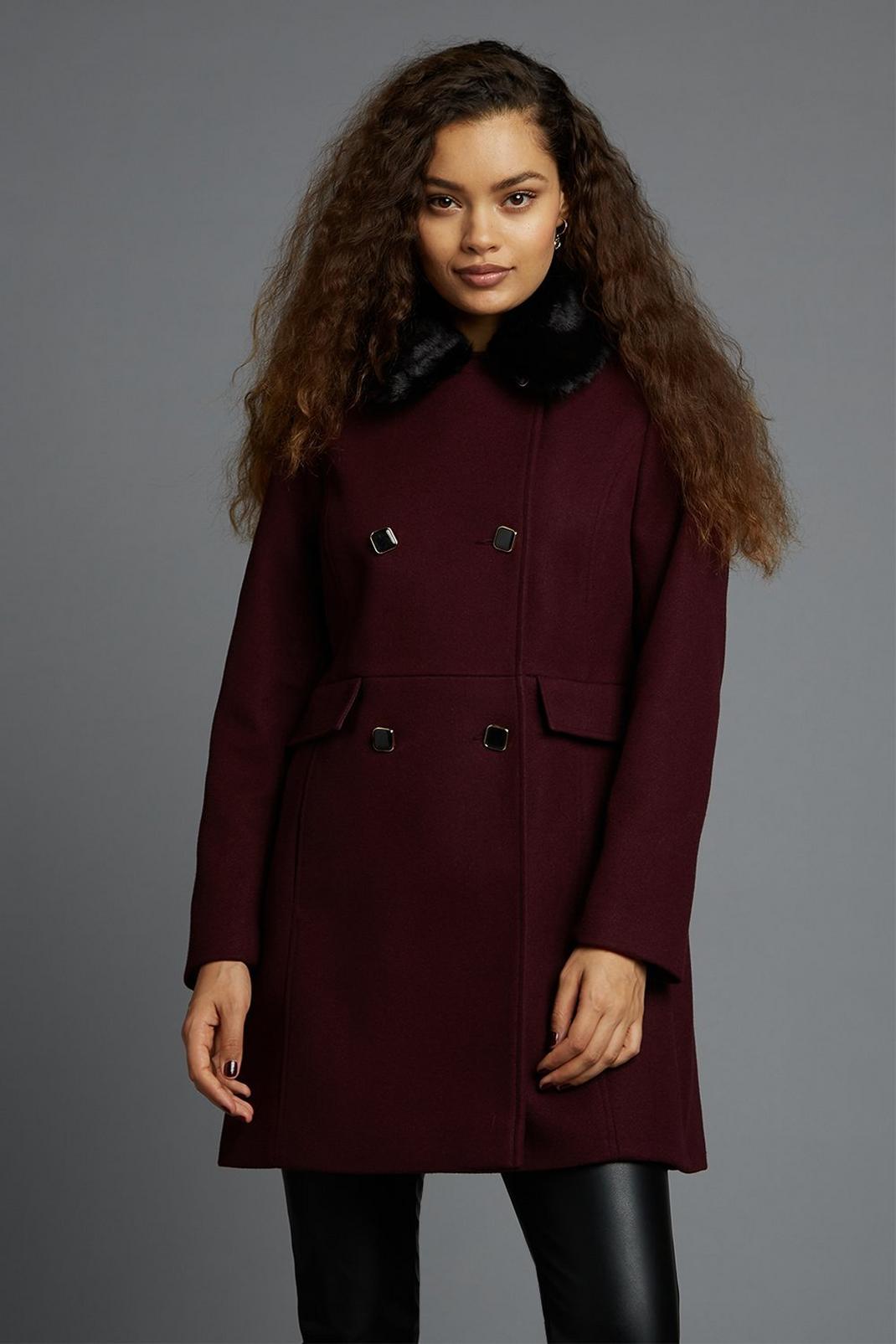 Burgundy Petite Dolly Coat With Faux Fur Collar image number 1