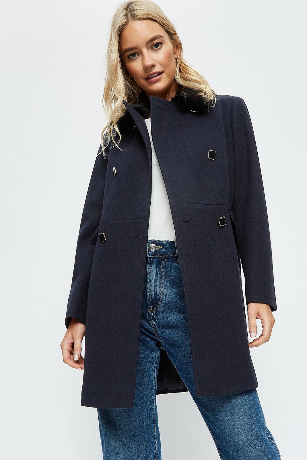 Navy Petite Dolly Coat With Faux Fur Collar image number 1