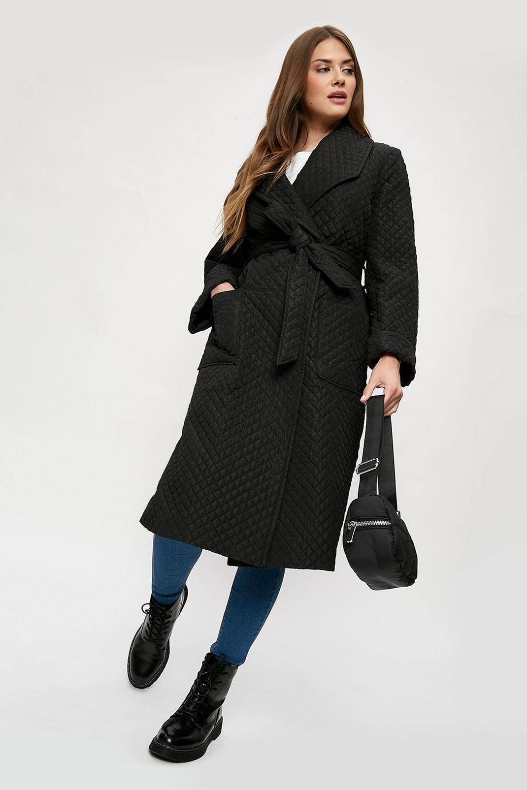 Black Tall Long Quilted Wrap Coat image number 1