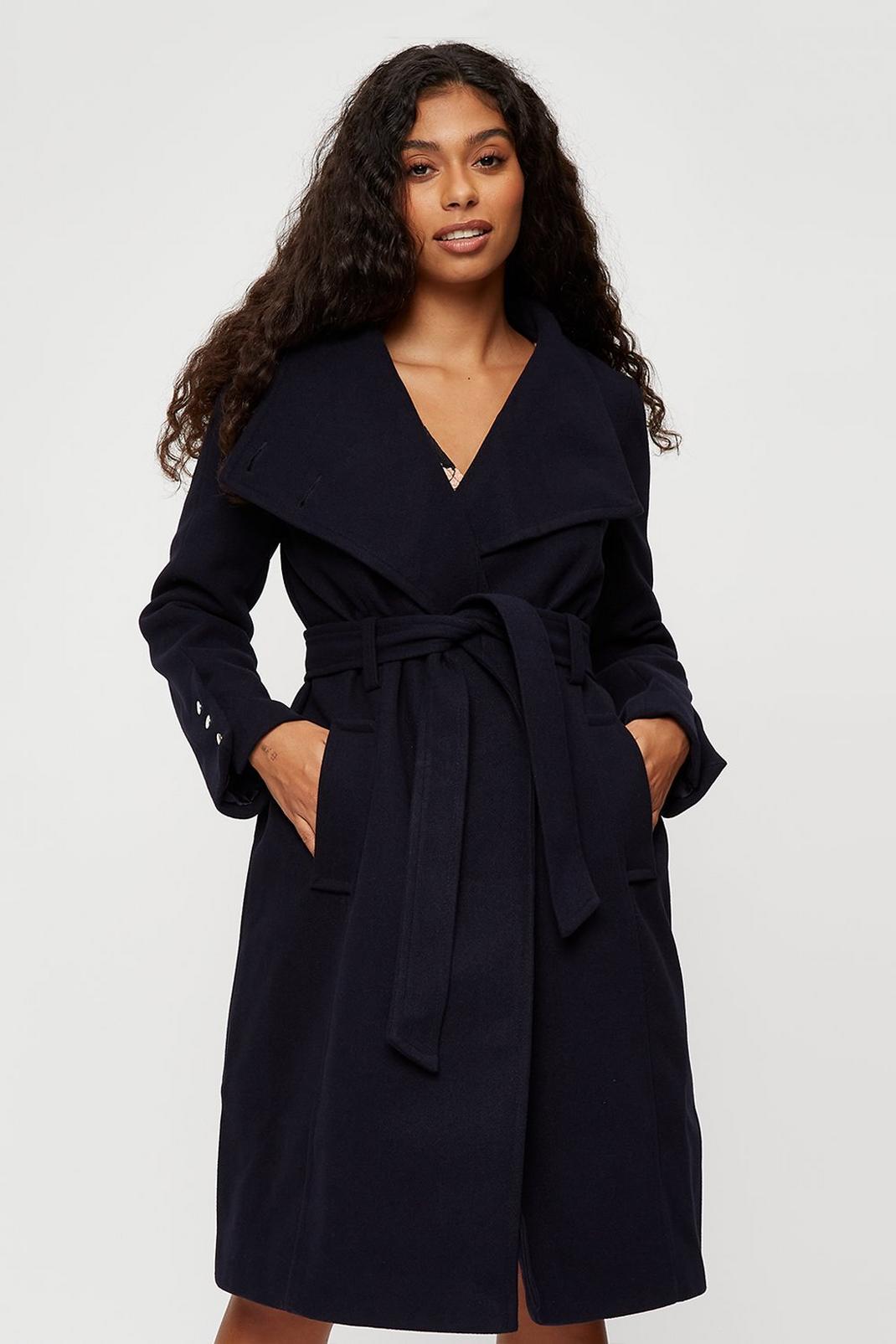 148 Petite Navy Button Cuff Wrap Coat image number 1