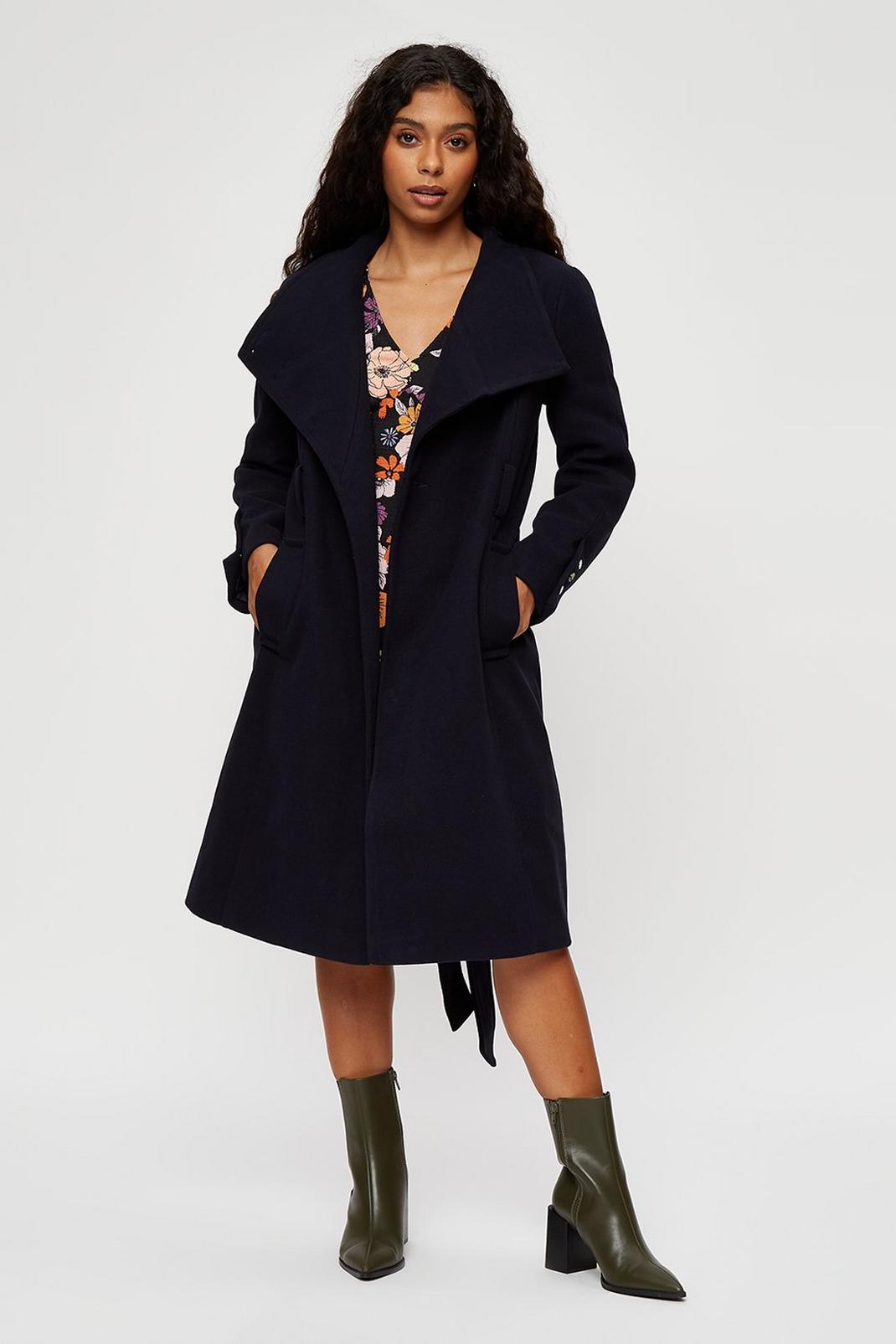 148 Petite Navy Button Cuff Wrap Coat image number 2