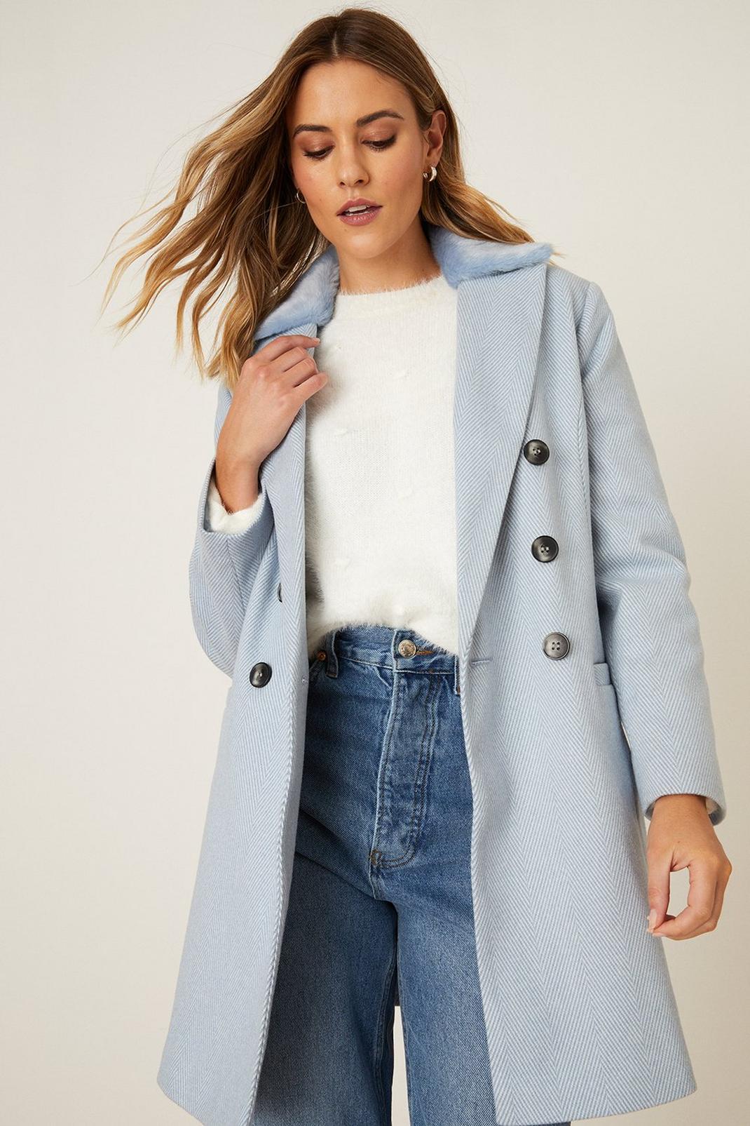Blue Petite Coat With Faux Fur Collar image number 1