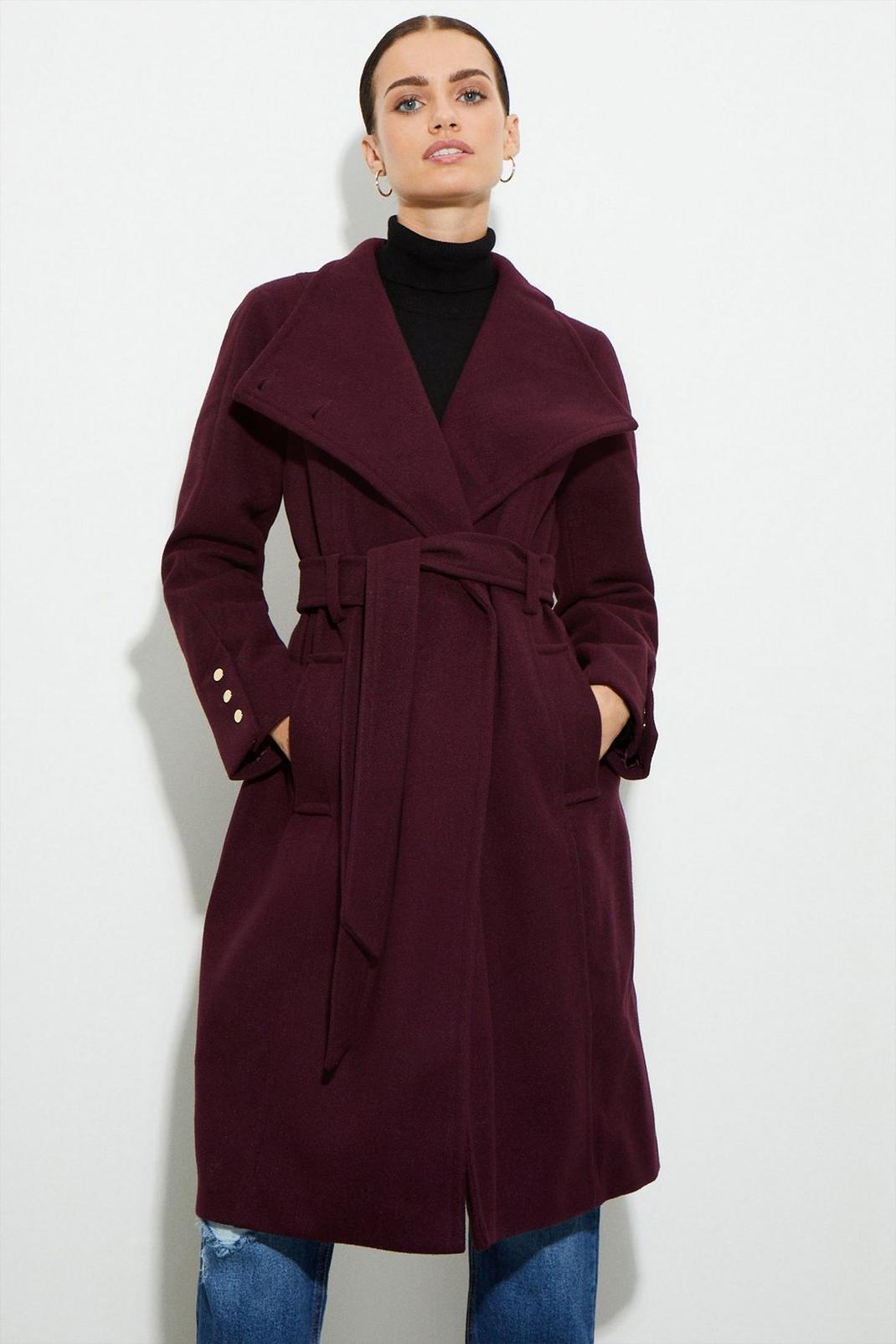 Burgundy Petite Button Cuff Wrap Coat image number 1
