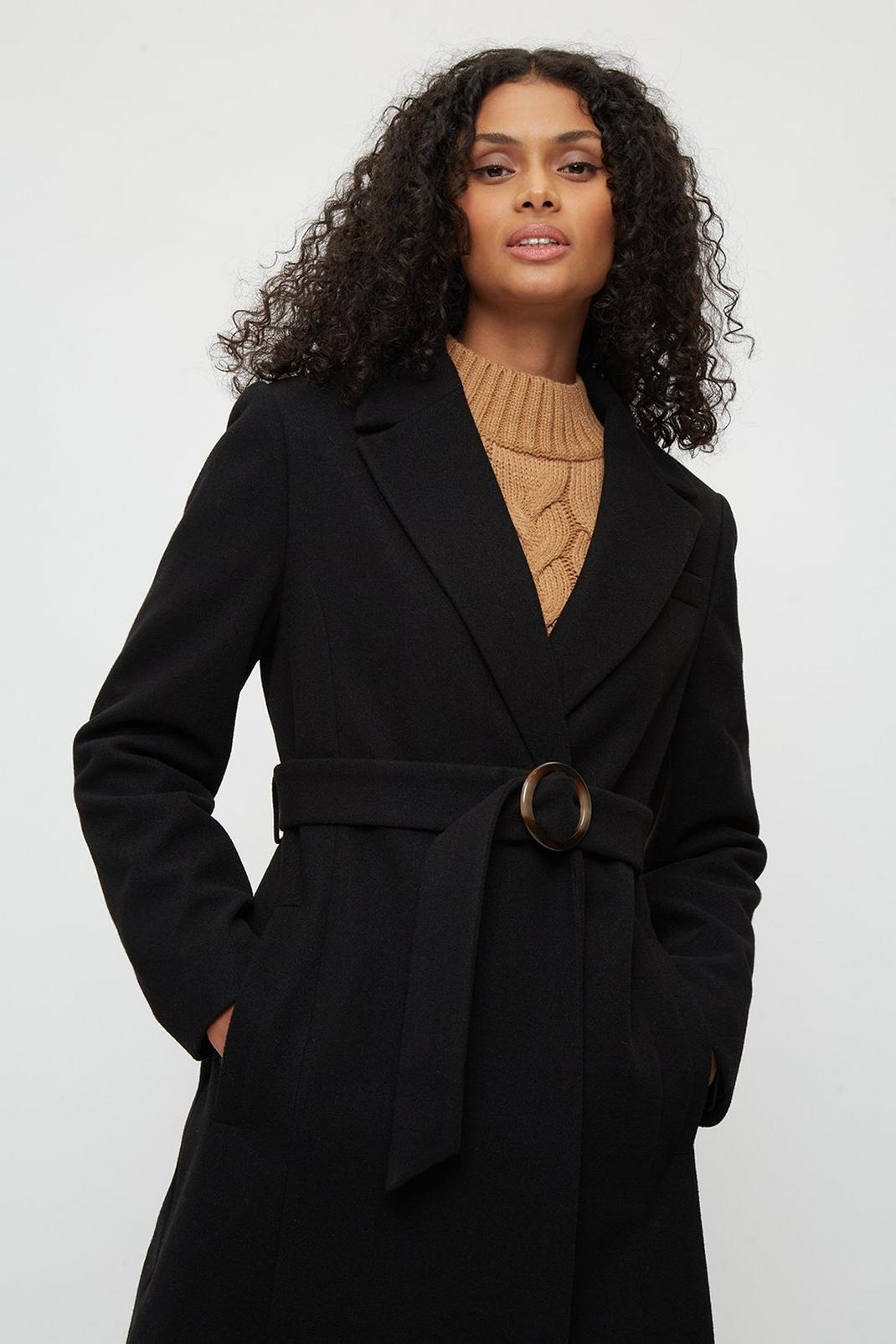 Black Petite Fashion Belted Coat image number 1