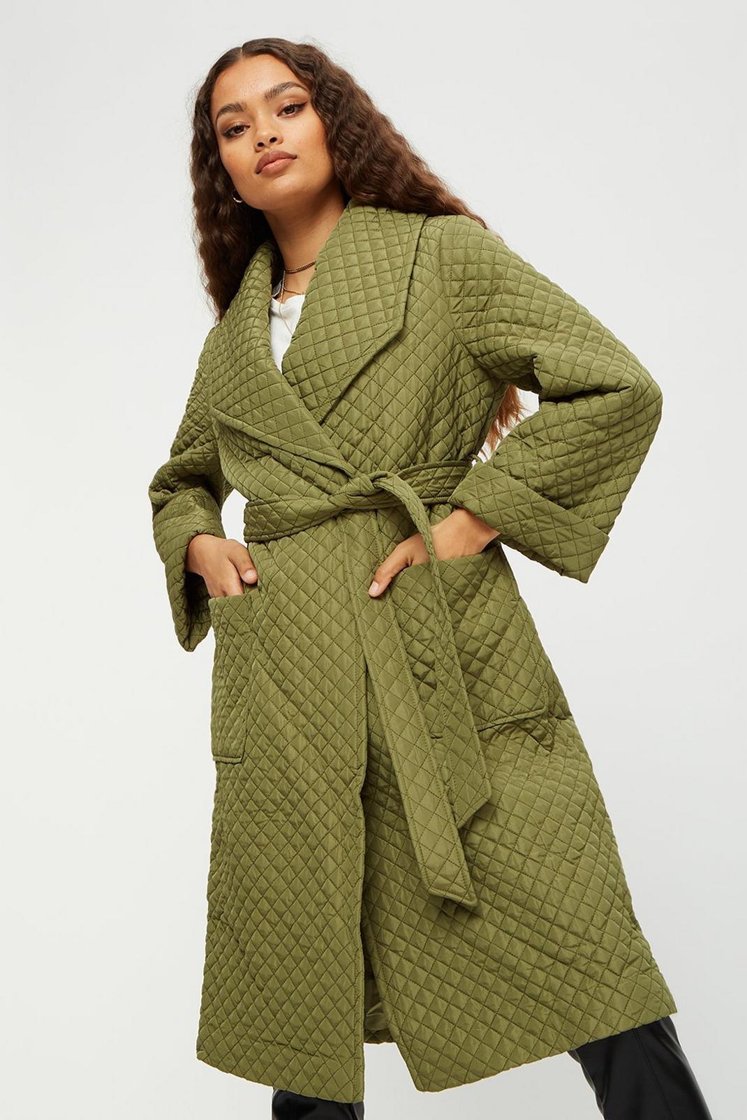 Khaki Petite Long Quilted Wrap Coat image number 1