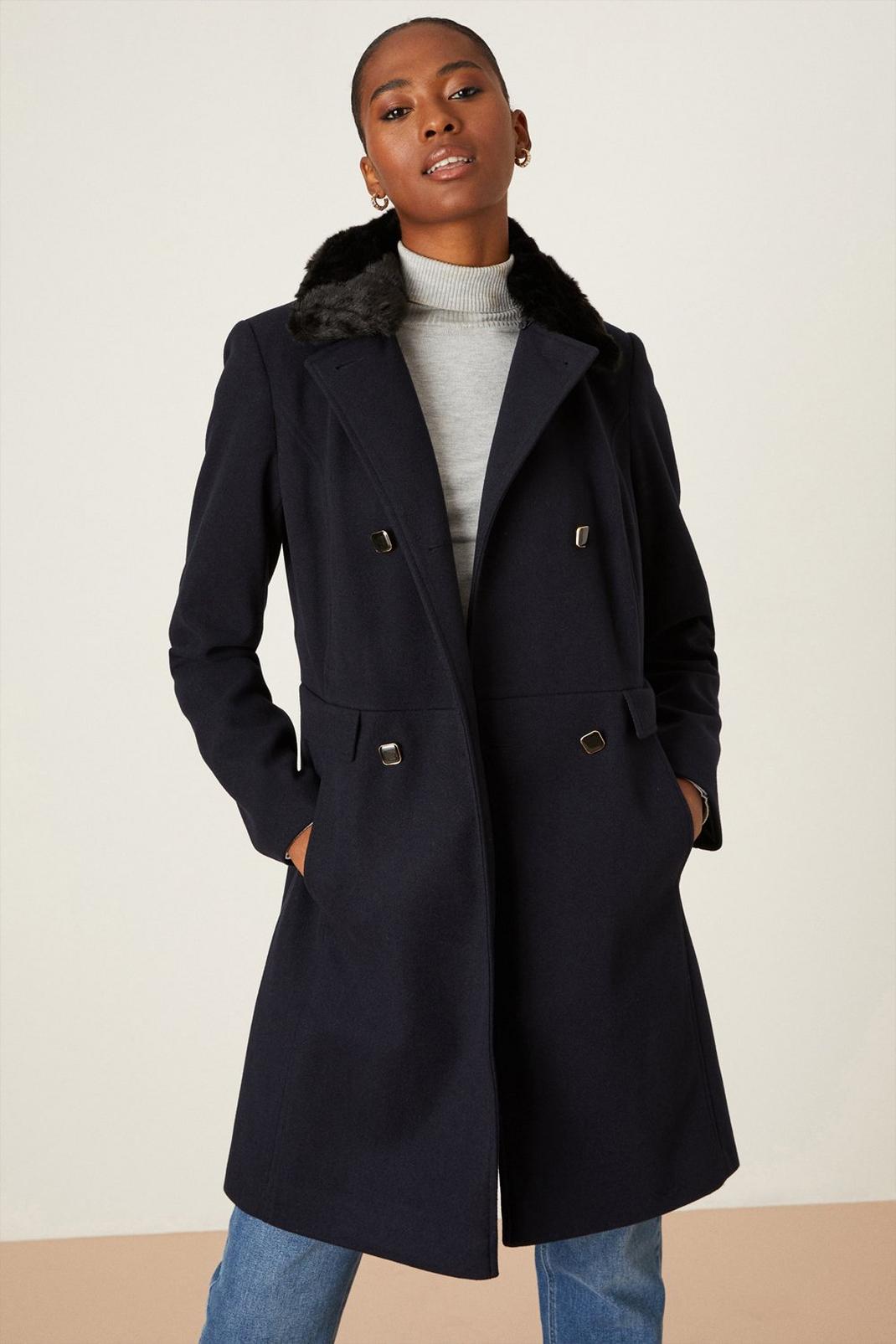 Navy Tall Dolly Coat with Faux Fur Collar image number 1