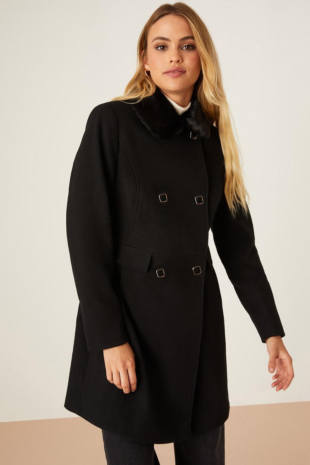 Black Dolly Coat With Faux Fur Collar image number 1