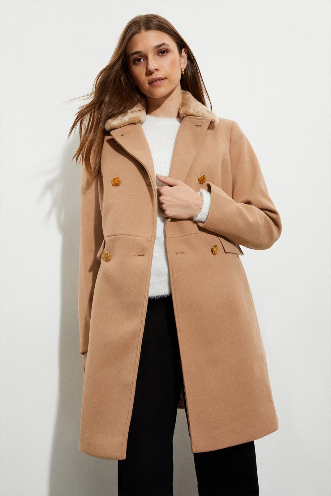 Camel Dolly Coat With Faux Fur Collar image number 1