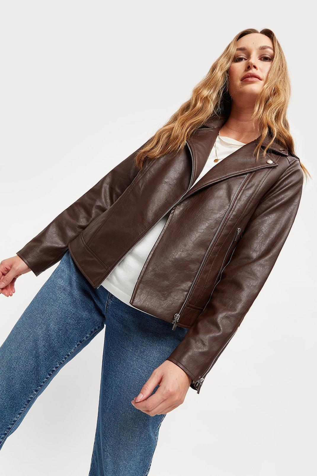 Chocolate Faux Leather Biker Jacket image number 1