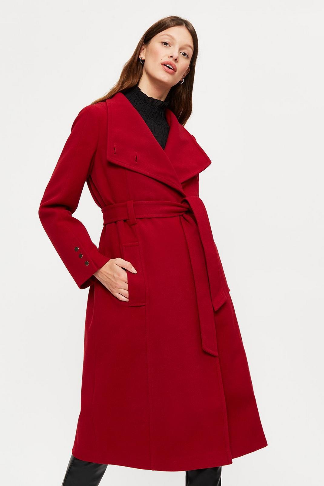 Dark red Button Cuff Longline Wrap Coat image number 1