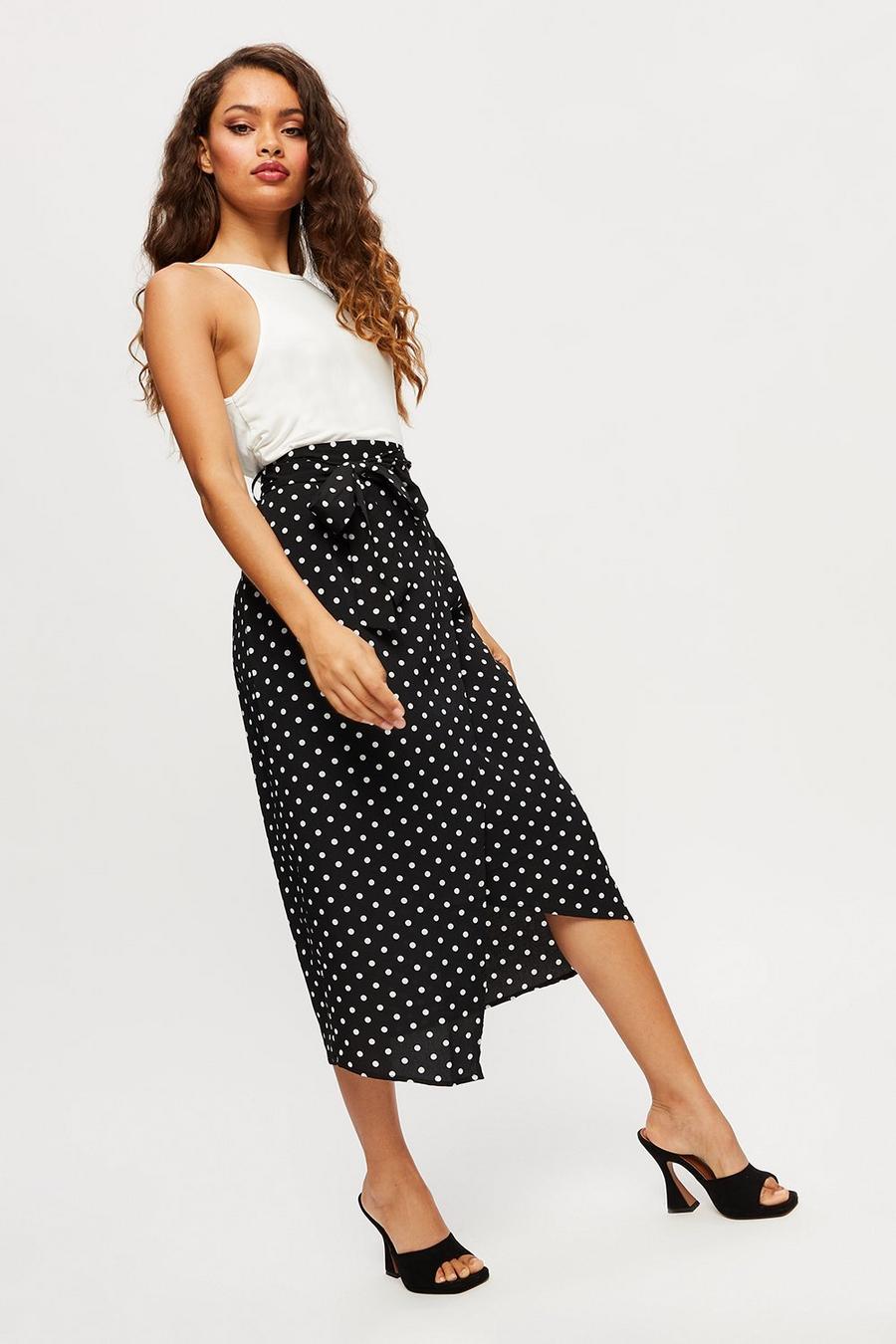 Petite Black Spot Asymmetric Wrap Midi Skirt 