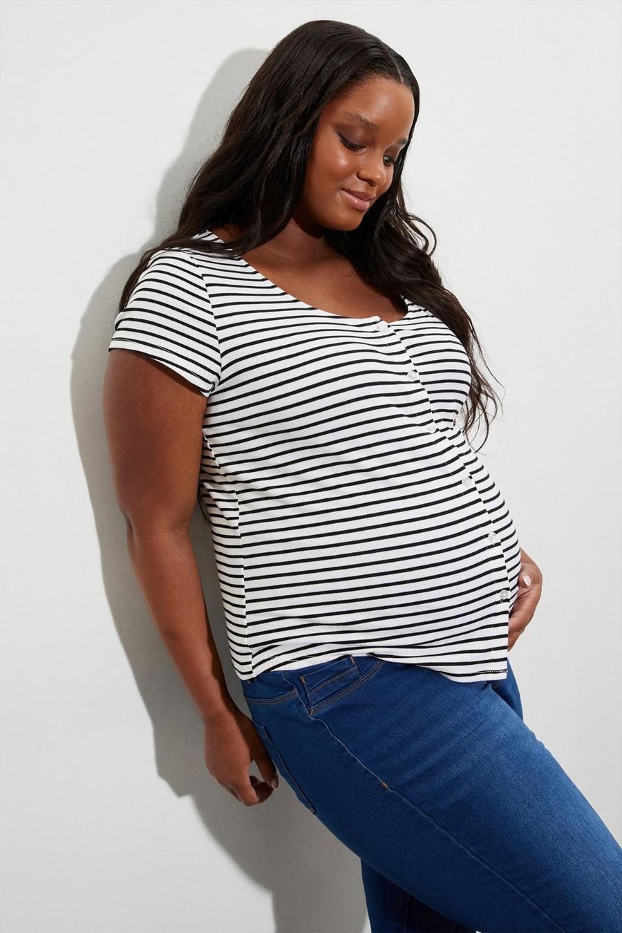 Maternity White & Black Stripe Button Rib Top