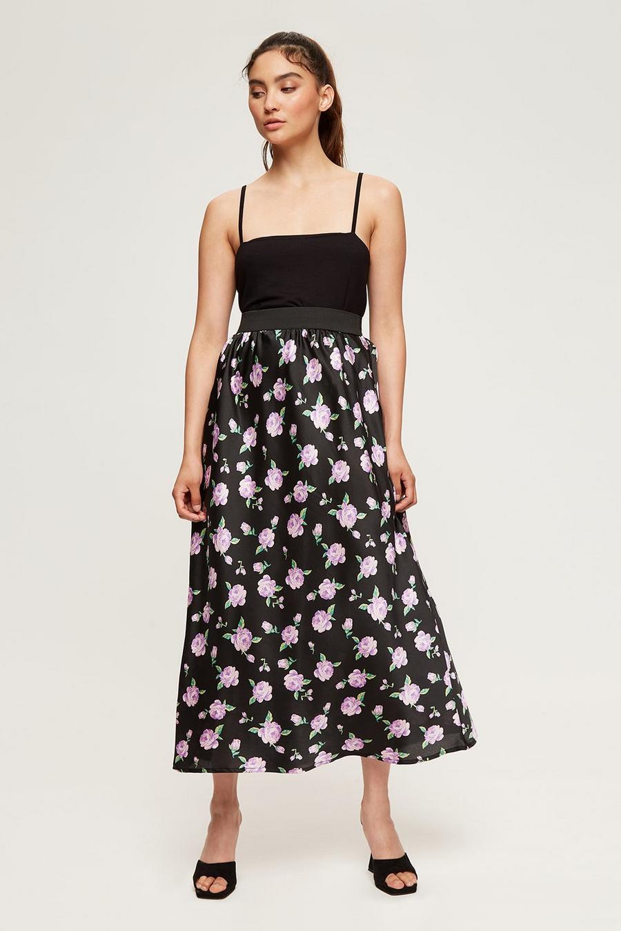Petite Pink Rose Print Bias Cut Midi Skirt