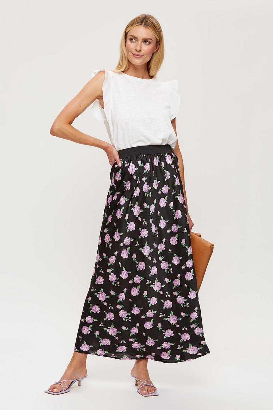 Tall Lilac Floral Bias Cut Satin Midi Skirt