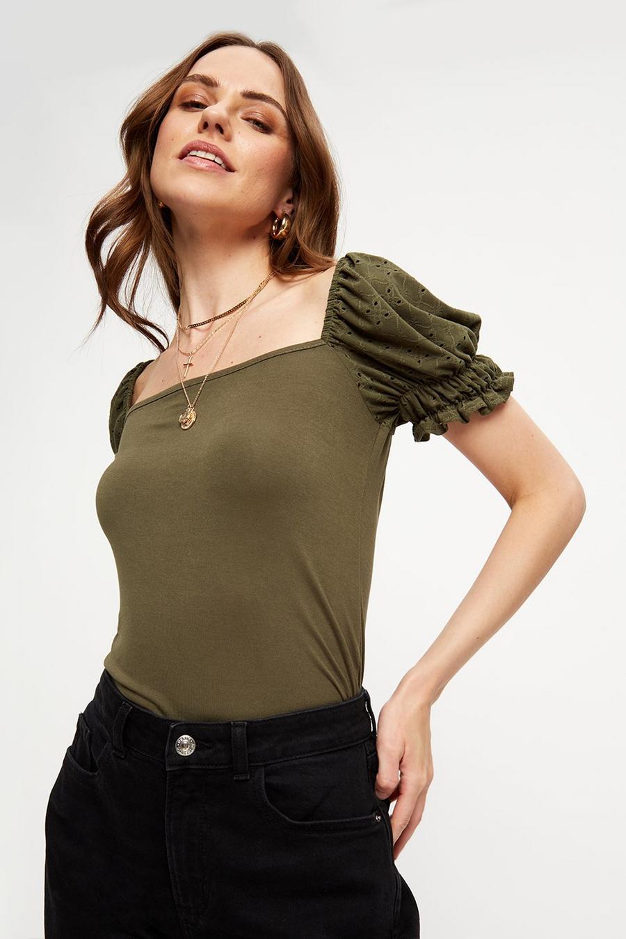 Broderie Sleeve Square Neck Top