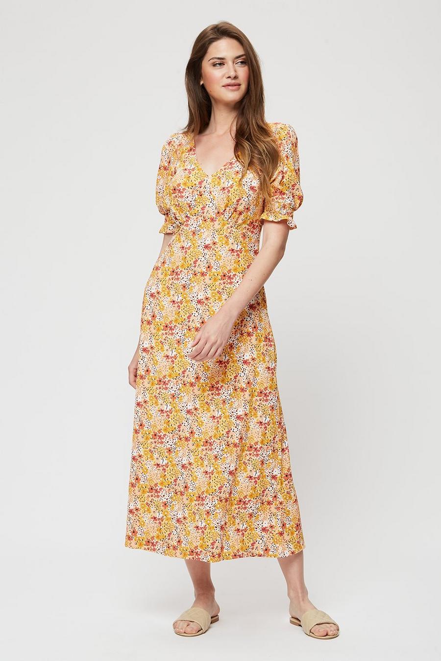 Tall Yellow Floral Wrap Front Midi Dress