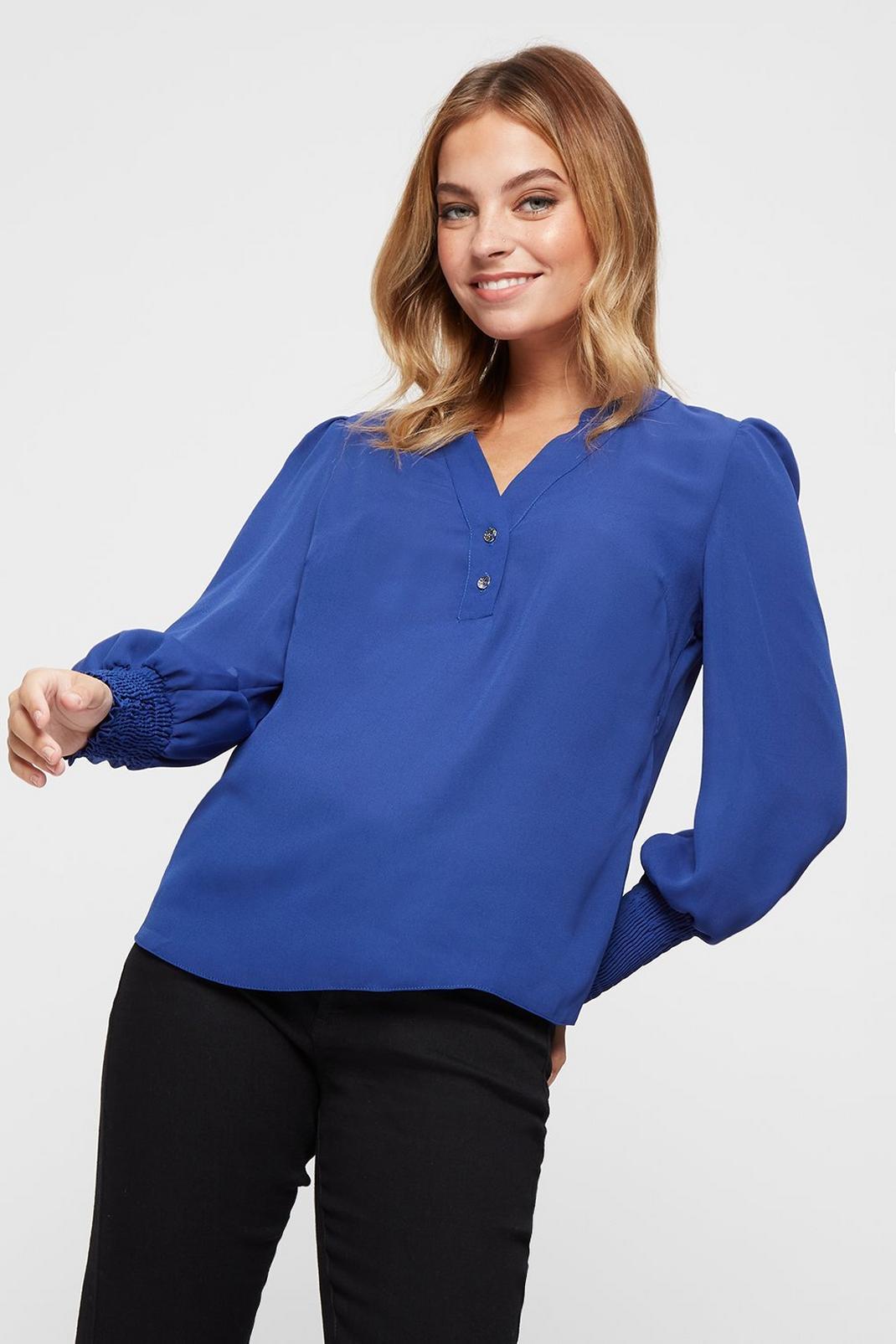 119 Petite Cobalt Shirred Cuff Blouse image number 1