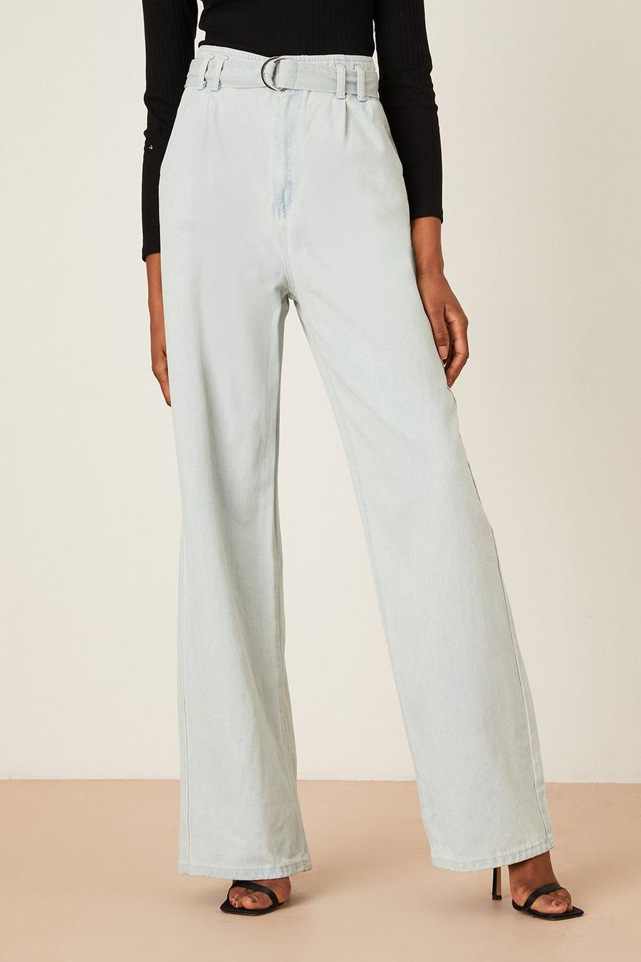 Tall Light Wash Wide Leg Belted Jeans